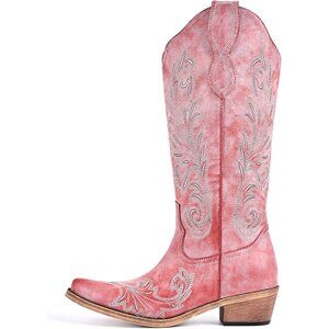 Women's Pink PU Leather Western Cowboy Block Heel Embroidered Pull On Boots